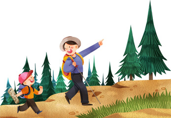 Hand-drawn father and child exploring the forest watercolor
