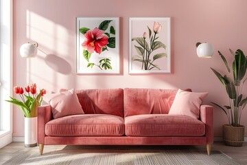 mock up poster frame in modern interior background, living room, Scandinavian style, 3D render, 3D illustration