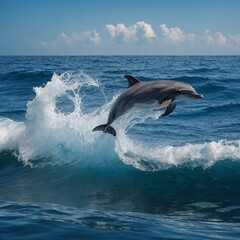 Fototapeta premium A dolphin leaping over a wave shaped like a crystal in a fantasy ocean.