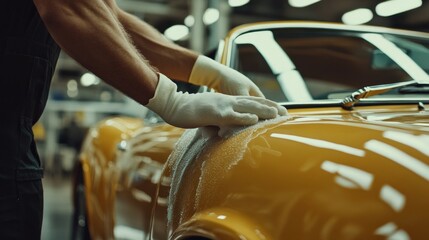A gloved hand carefully polishes the yellow paint of a classic car.