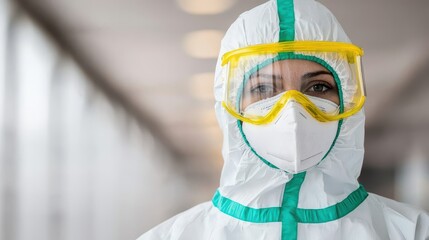 A healthcare worker in protective gear, including a mask and goggles, stands in a corridor, emphasizing safety and professionalism in a medical environment.