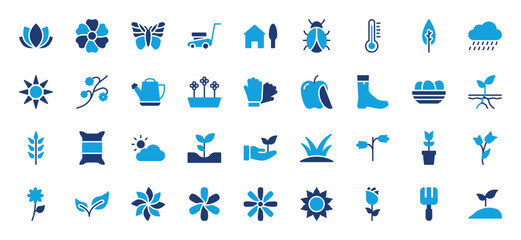 Spring set of blue icon. Flower, Butterfly, Mower, House, Ladybug, Climate, Rain, Leaf, Sun, Watering can, Plants, Rubber Gloves, Fruit, Rain Boots, Eggs, Grow, Wheat Grain vector illustration.