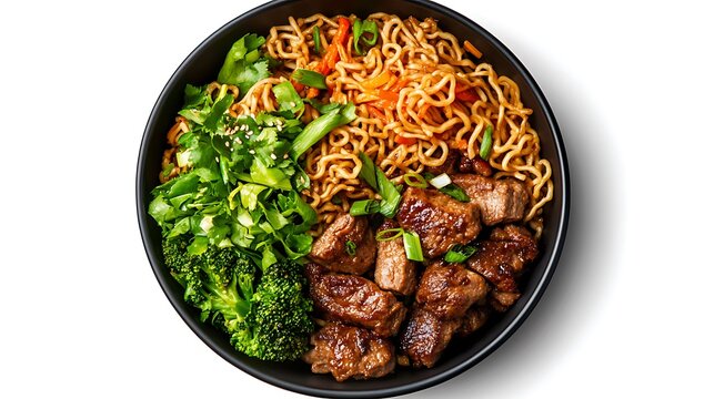 Top view chow mein bowl isolated on white background.