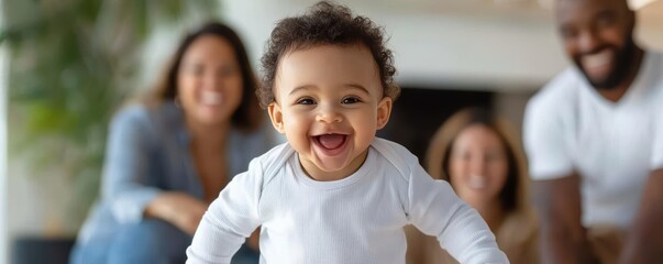 Baby milestones such as first tooth Concept. Baby standing with support, joyful family watching, first achievement moment
