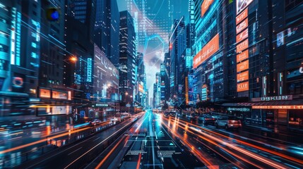 Fototapeta premium Vibrant Cityscape With Neon Lights and Motion Blur
