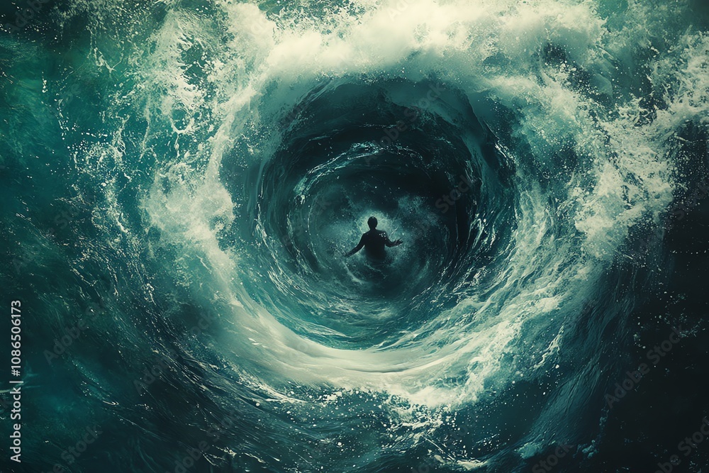 Poster a solitary figure floats in the center of a swirling vortex in a dark ocean, surrounded by churning 