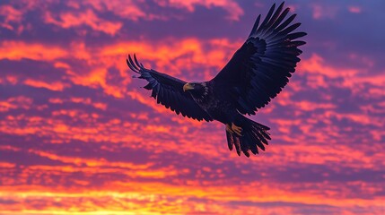 Fototapeta premium A majestic eagle soaring against a vibrant sunset sky filled with colorful clouds.