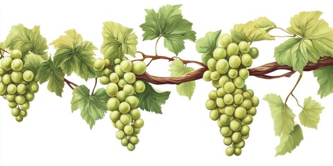 A vine of green grapes with lush leaves, isolated on a white background.