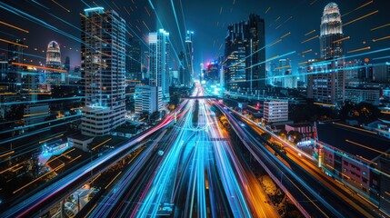 Fototapeta premium Dynamic Night Cityscape with Light Trails and Buildings