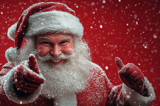 Santa Claus on a Red background. He calls the viewer with his hand.