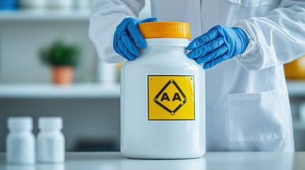 A person in a lab coat holds a large container with a hazardous materials label, indicating chemical safety protocols in a laboratory setting.