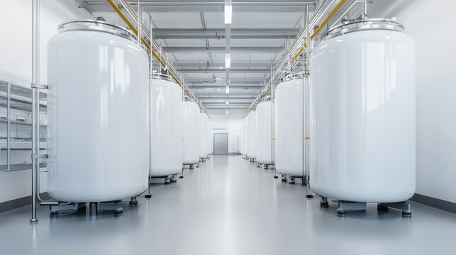 A modern facility featuring large white storage tanks lined up in a clean, spacious environment.