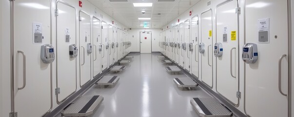 A sterile corridor lined with white doors, suggesting a clinical or laboratory environment, possibly for controlled experiments or storage.