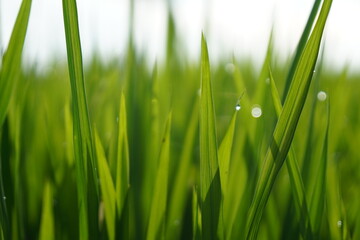 A close-up view of lush, green grass blades with morning dew drops glistening in the sunlight