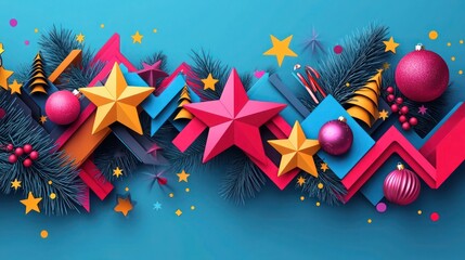 3D, Modern Christmas banner with an abstract design featuring bold geometric shapes and vibrant colors. 