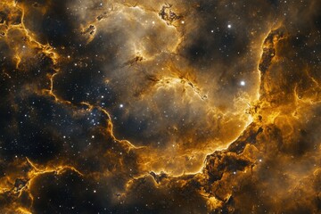 Obraz premium Cosmic nebula with bright yellow and orange gas clouds, scattered with stars.