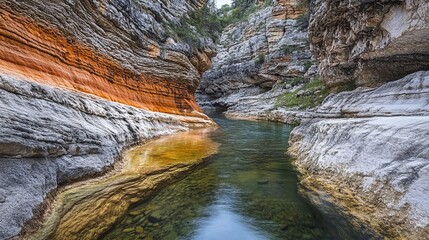 Obraz premium Winding river flows through colorful canyon with rocky cliffs