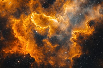 Obraz premium Cosmic nebula with fiery orange and white clouds and scattered stars in deep space.
