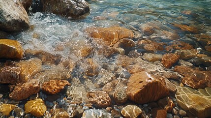 Fototapeta premium Crystal clear water flows over smooth, colorful stones by riverbank