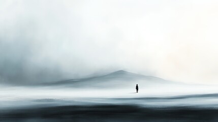 A solitary figure walks across a vast, misty plain towards a distant mountain.