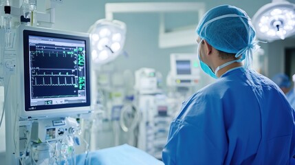 A surgeon in scrubs and a face mask stands in a hospital operating room looking at medical equipment.