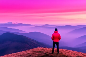 Fototapeta premium Man Admiring Breathtaking Mountain View at Sunrise