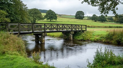 rustic wooden bridge crosses tranquil river surrounded by lush greenery