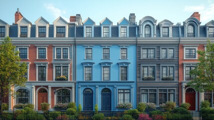 Fototapeta premium Colorful row of townhouses with gardens and decorative balconies.