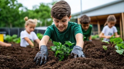 Food waste concept. Composting workshop at school, kids engaged with soil, composting education, food waste sustainability
