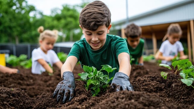 Food waste concept. Composting workshop at school, kids engaged with soil, composting education, food waste sustainability