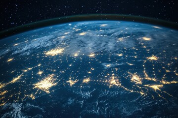 Obraz premium Earth at night with city lights and stars.