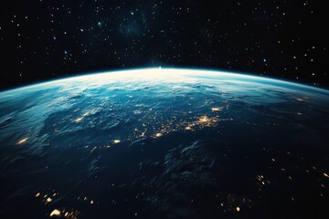 Obraz premium Earth at night with city lights glowing from space.