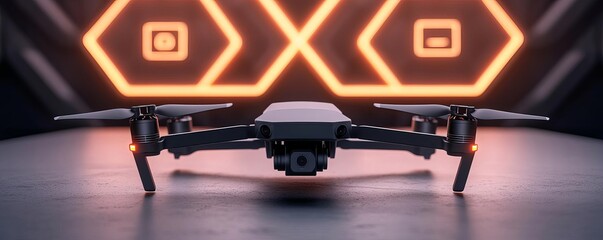 Naklejka premium Compact drone with foldable arms resting on a sleek table, against a minimalist backdrop with glowing tech icons, symbolizing portability and innovation