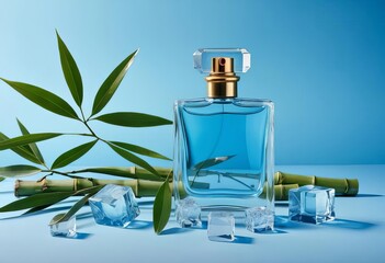 A blue perfume bottle surrounded by bamboo branches and ice cubes
