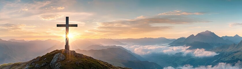 Cross silhouetted against glowing sky, mountaintop perspective, divine sunlight piercing clouds, ethereal Christian symbolism, peaceful landscape