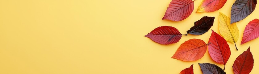 Fototapeta premium Falling autumn leaves on warm yellow background, seasonal wallpaper with vibrant reds and oranges, natural fall-themed banner