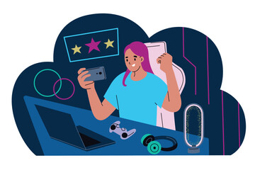 Vector illustration of gamer streaming at desk with gaming accessories, including a laptop, headset, and controller. Girl playing game on smartphon. Gaming, live streaming, and digital entertainment © Elena