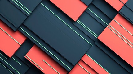 Fototapeta premium Navy blue abstract Christmas banner, coral color blocks, mint green thin lines for texture, asymmetric layout