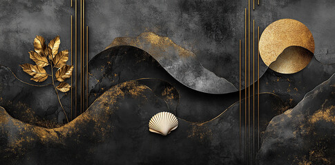 Black and gold wall art with tree and wave patterns