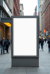 A large blank billboard stands in a busty city street, ready for advertisement or message display. 