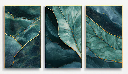 Set of three luxurious leaf-patterned marble artworks