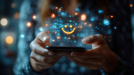 Businessman Using Smartphone to Select Smiley Face