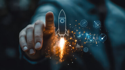 Fototapeta premium Businessman Touching Rocket Launch Button