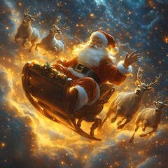 Fototapeta premium Santa Claus flying through the sky in his sleigh, surrounded by reindeer and glowing stars, 3D cartoon style