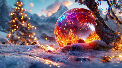 magical Christmas ornament reflecting snowy landscape with glowing lights. scene captures essence of winter wonder and festive spirit