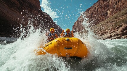 Thrilling river rafting adventure with water splashing and excitement
