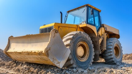 High-resolution photo of a large bulldozer in a construction site, bright yellow body, powerful engine, rugged environment, clear blue sky in the background 