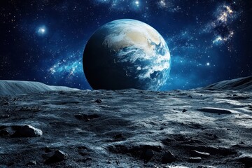 Earth rises over a barren, rocky lunar landscape, with a starry sky as backdrop.