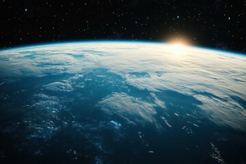 Obraz premium Earthrise over a dark blue ocean with the sun peeking over the horizon.