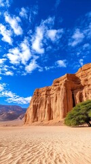 Majestic Desert Landscape Sandstone Cliffs Blue Sky Rippled Sand